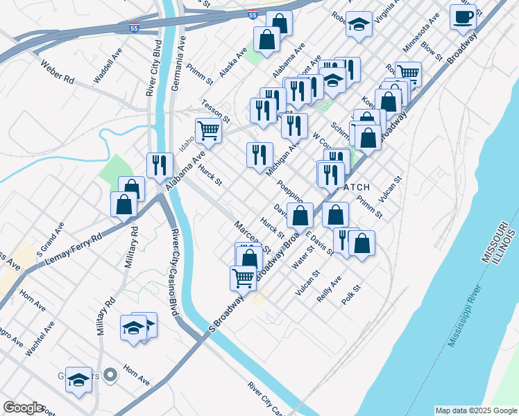 map of restaurants, bars, coffee shops, grocery stores, and more near 8221 Minnesota Avenue in St. Louis