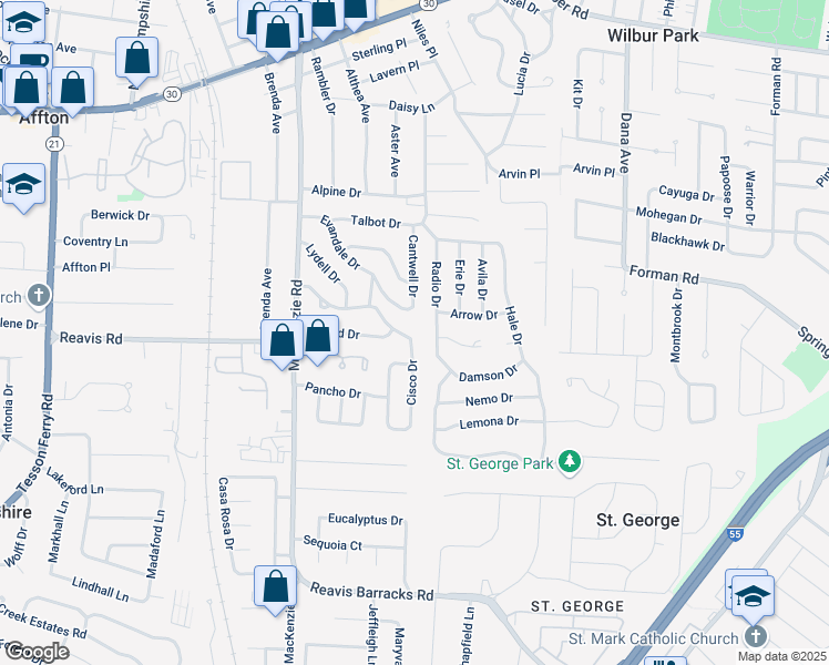 map of restaurants, bars, coffee shops, grocery stores, and more near 9400 Upland Drive in Affton
