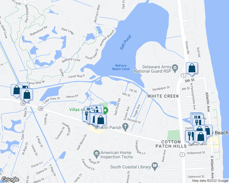 map of restaurants, bars, coffee shops, grocery stores, and more near 798A Salt Pond Circle in Bethany Beach