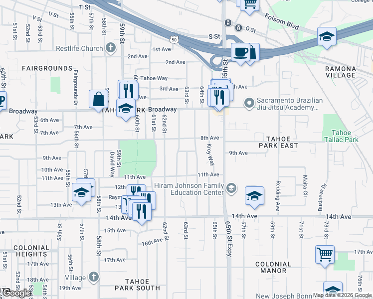map of restaurants, bars, coffee shops, grocery stores, and more near 6333 9th Avenue in Sacramento