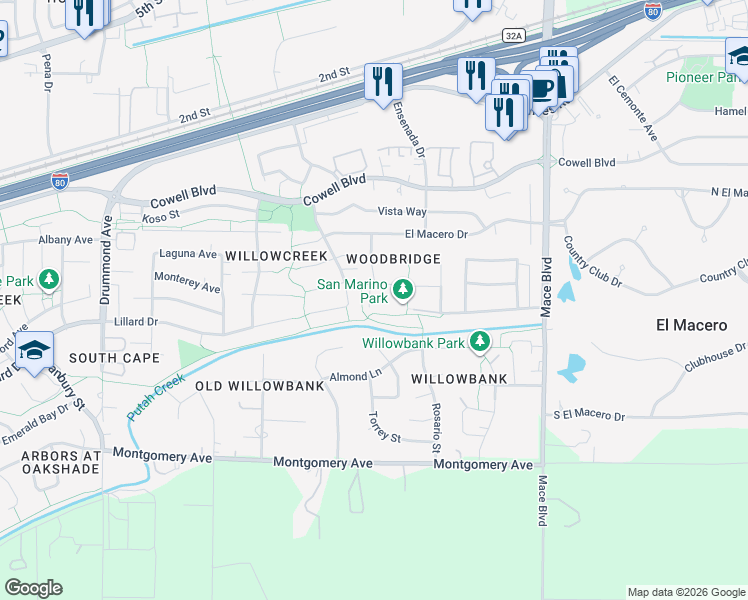 map of restaurants, bars, coffee shops, grocery stores, and more near 4088 Hackberry Place in Davis