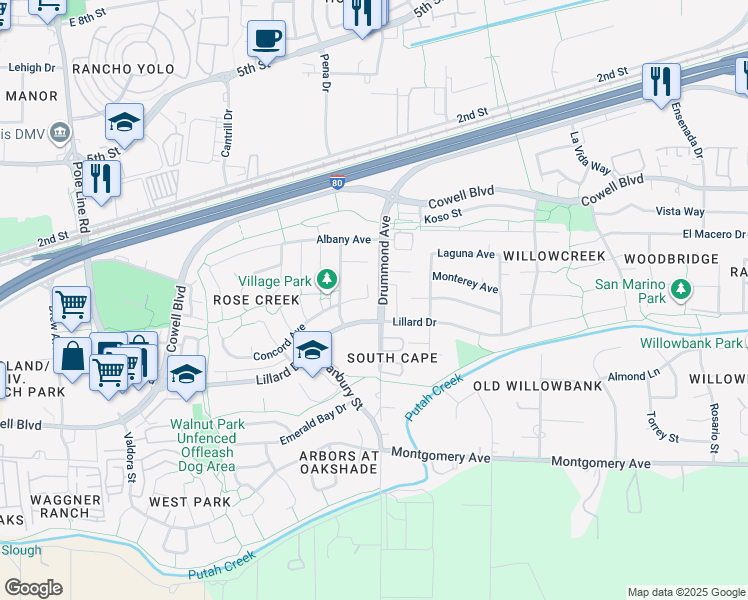 map of restaurants, bars, coffee shops, grocery stores, and more near 3036 Concord Place in Davis
