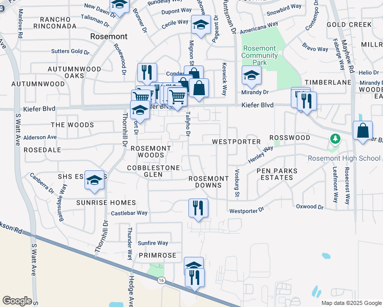 map of restaurants, bars, coffee shops, grocery stores, and more near 4003 Birchgrove Way in Sacramento
