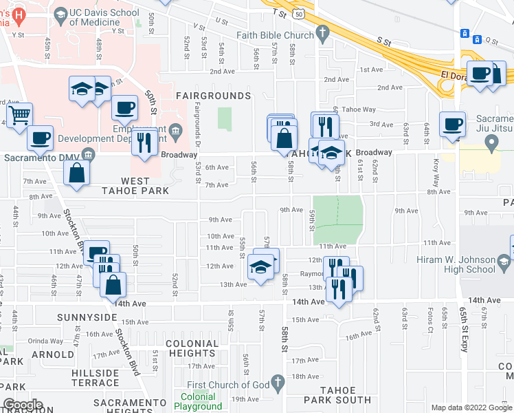 map of restaurants, bars, coffee shops, grocery stores, and more near 5615 Sierra View Way in Sacramento