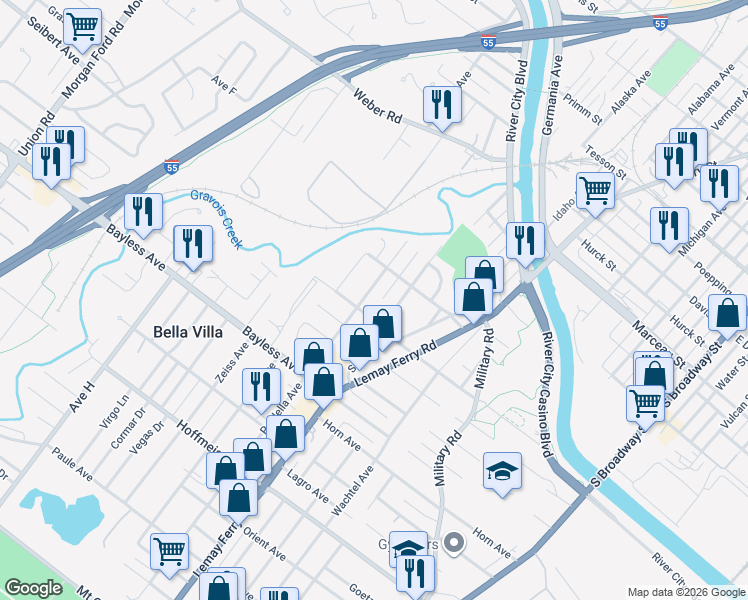 map of restaurants, bars, coffee shops, grocery stores, and more near 8721 South Grand Avenue in St. Louis