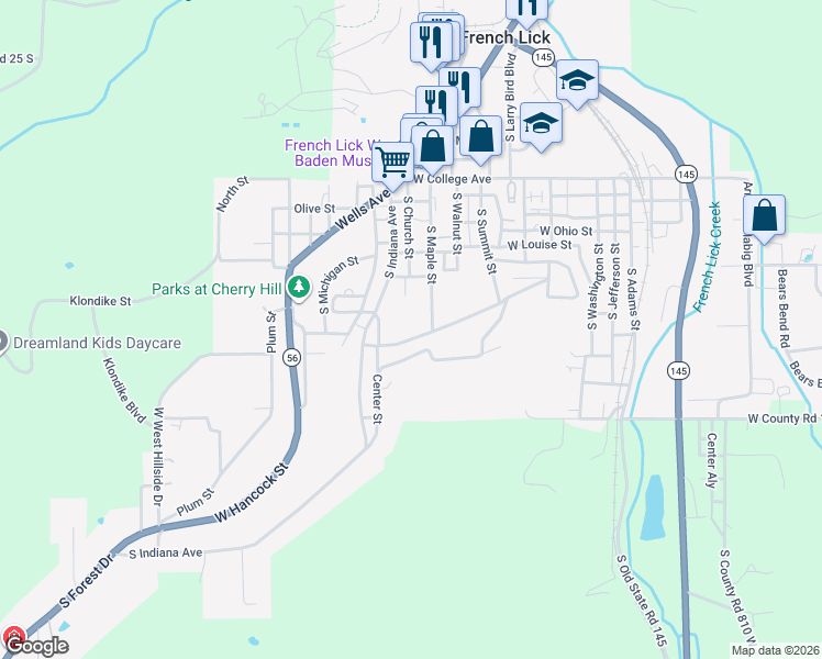 map of restaurants, bars, coffee shops, grocery stores, and more near 8698 West Summit Circle Drive in French Lick