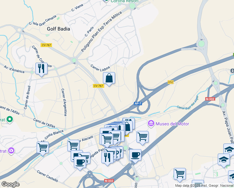 map of restaurants, bars, coffee shops, grocery stores, and more near 88 Carrer Praga in Alicante