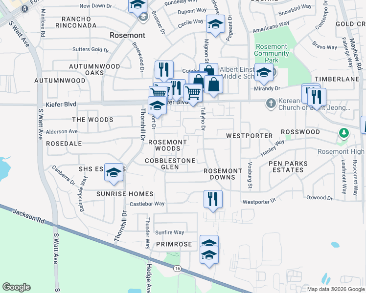 map of restaurants, bars, coffee shops, grocery stores, and more near 9140 Nasreen Drive in Sacramento