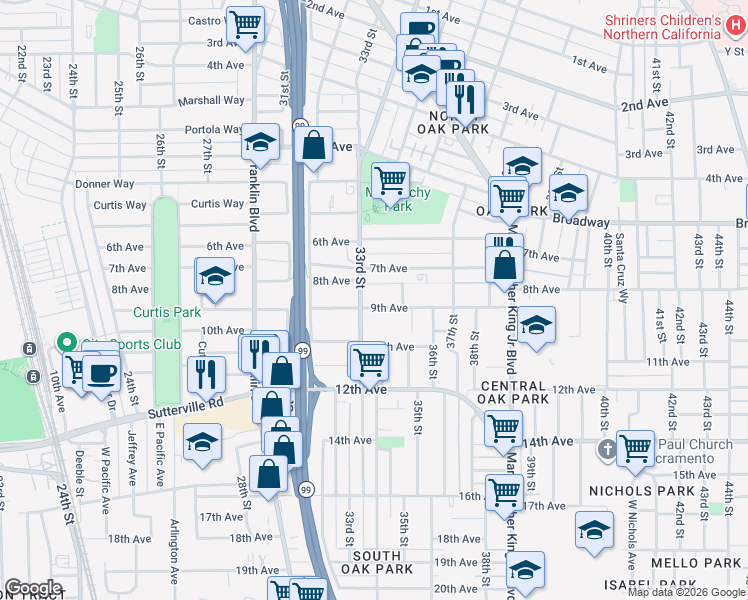 map of restaurants, bars, coffee shops, grocery stores, and more near 3405 9th Avenue in Sacramento