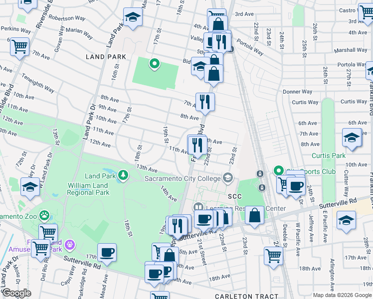 map of restaurants, bars, coffee shops, grocery stores, and more near 3601 College Avenue in Sacramento
