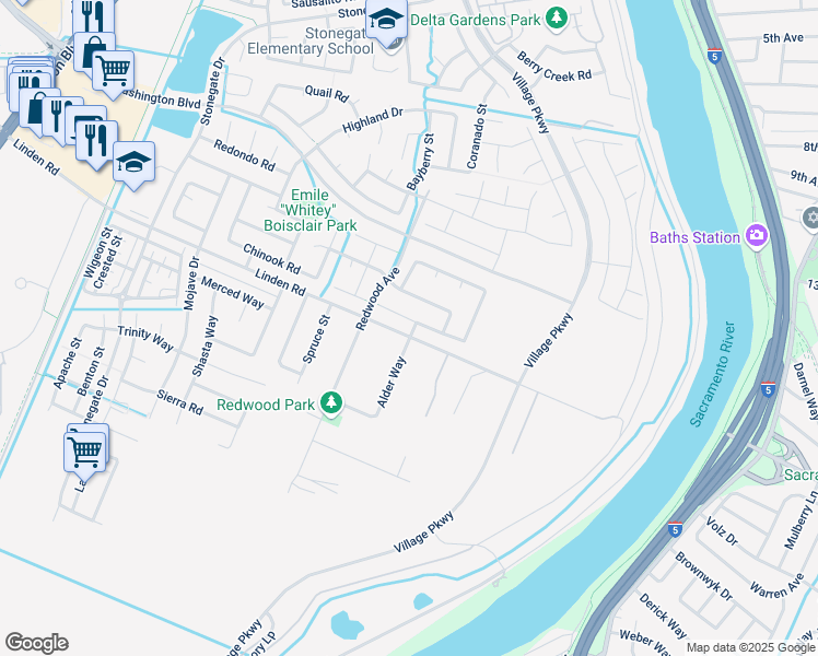 map of restaurants, bars, coffee shops, grocery stores, and more near 1535 Linden Road in West Sacramento