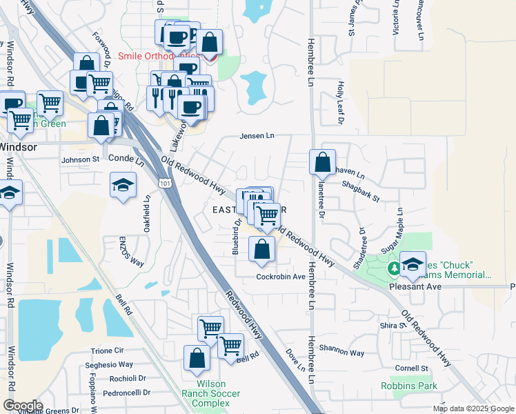 map of restaurants, bars, coffee shops, grocery stores, and more near 8547 Old Redwood Highway in Windsor
