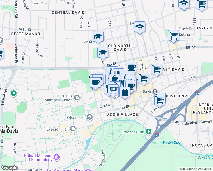 map of restaurants, bars, coffee shops, grocery stores, and more near 327 3rd Street in Davis