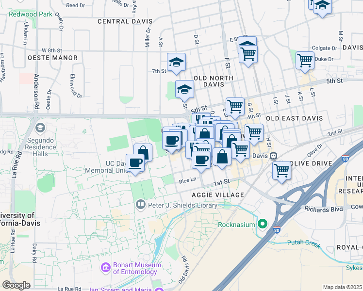 map of restaurants, bars, coffee shops, grocery stores, and more near 312 University Avenue in Davis