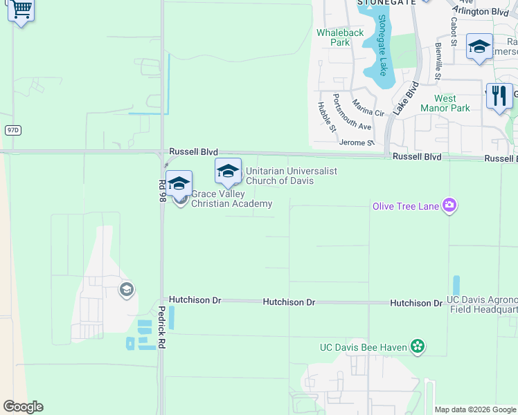 map of restaurants, bars, coffee shops, grocery stores, and more near 38344 Larue Way in Davis