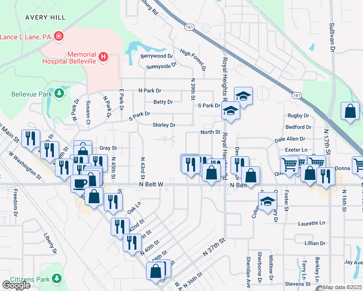 map of restaurants, bars, coffee shops, grocery stores, and more near 543 North 40th Street in Belleville