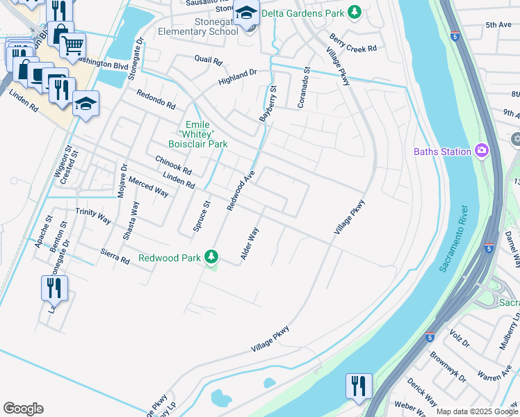 map of restaurants, bars, coffee shops, grocery stores, and more near 1535 Linden Road in West Sacramento