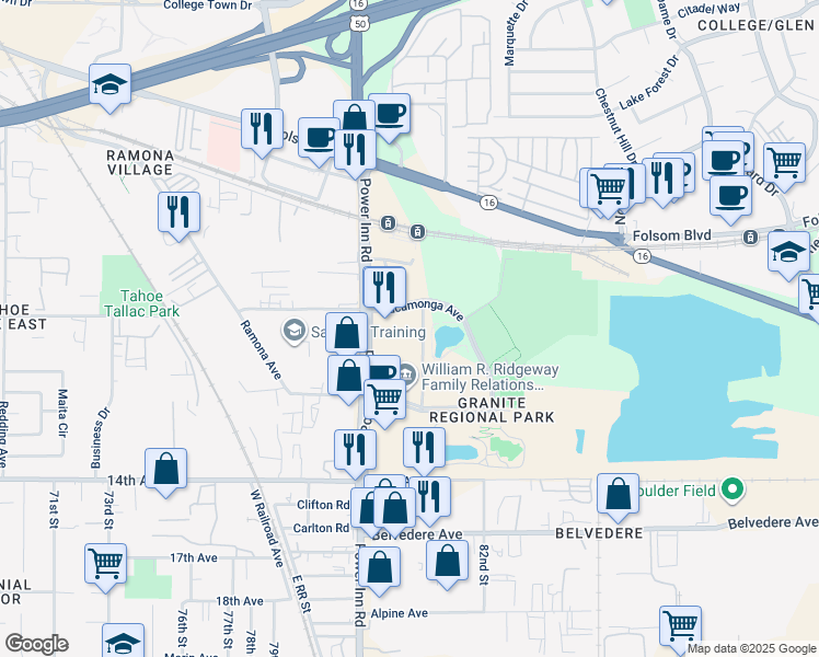 map of restaurants, bars, coffee shops, grocery stores, and more near 3321 Power Inn Road in Sacramento