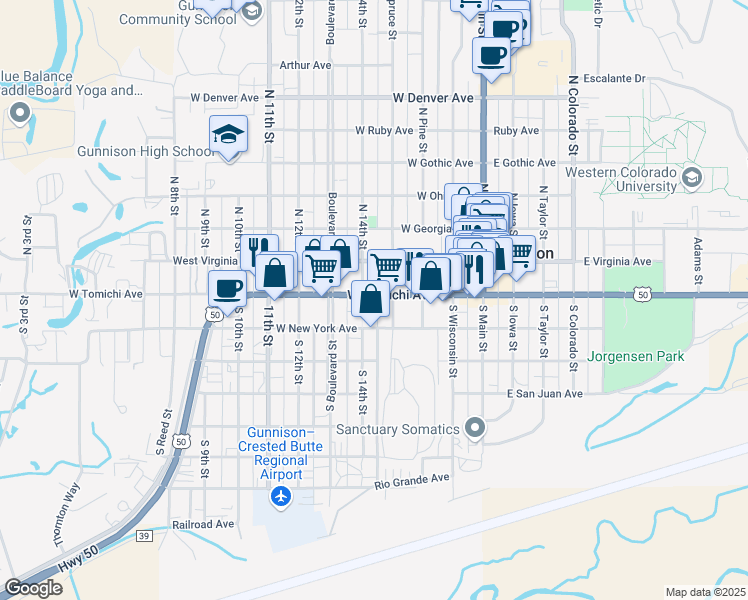 map of restaurants, bars, coffee shops, grocery stores, and more near 198 South 14th Street in Gunnison