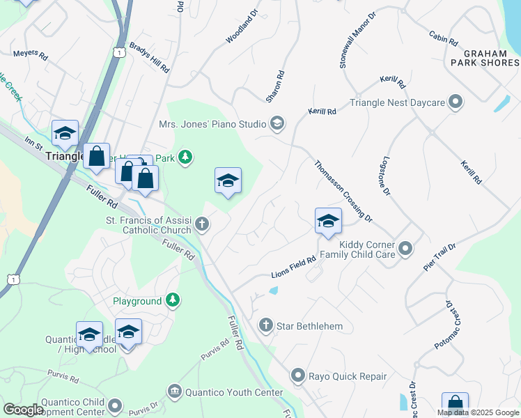 map of restaurants, bars, coffee shops, grocery stores, and more near 3738 Katie Place in Triangle