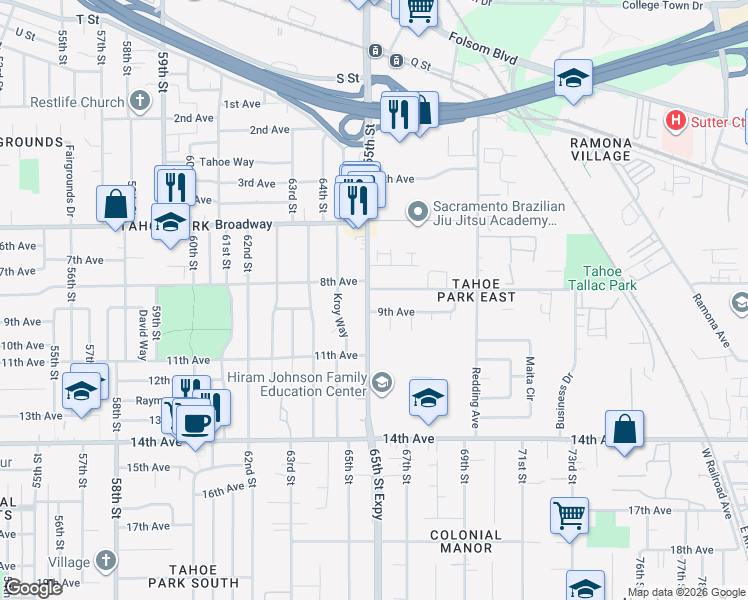 map of restaurants, bars, coffee shops, grocery stores, and more near 3372 65th Street in Sacramento