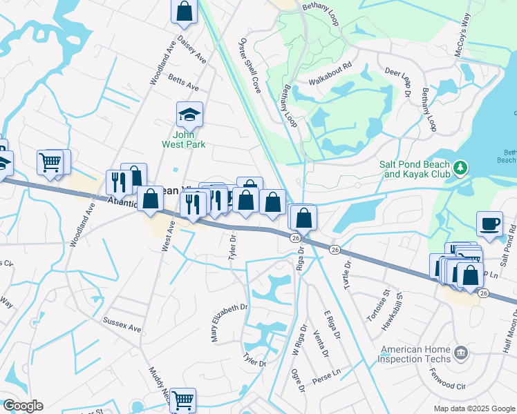 map of restaurants, bars, coffee shops, grocery stores, and more near 2 Town Road in Ocean View