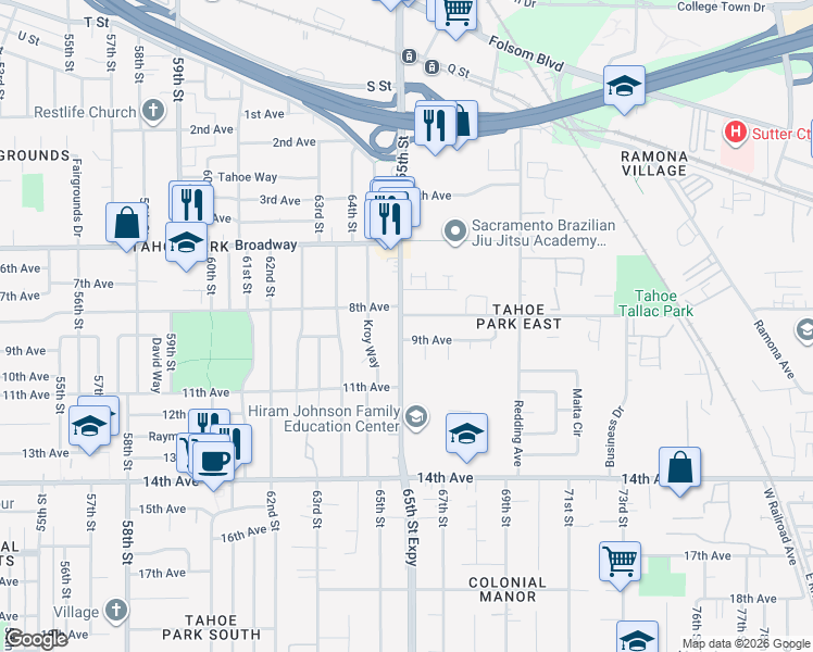 map of restaurants, bars, coffee shops, grocery stores, and more near 3372 65th Street in Sacramento