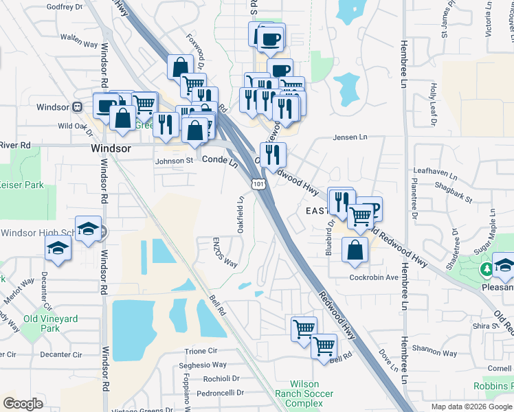 map of restaurants, bars, coffee shops, grocery stores, and more near in Windsor