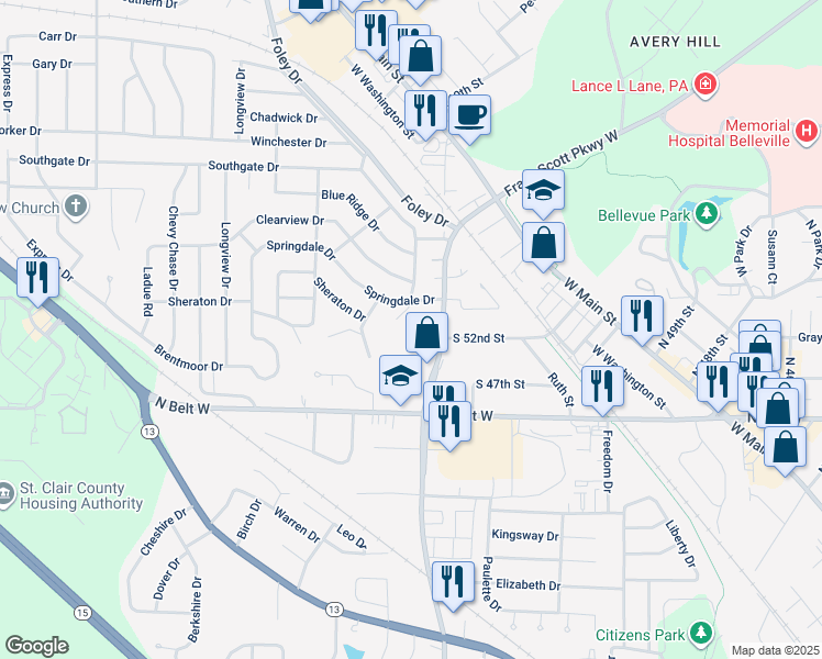 map of restaurants, bars, coffee shops, grocery stores, and more near 9-16 Regency Court in Belleville