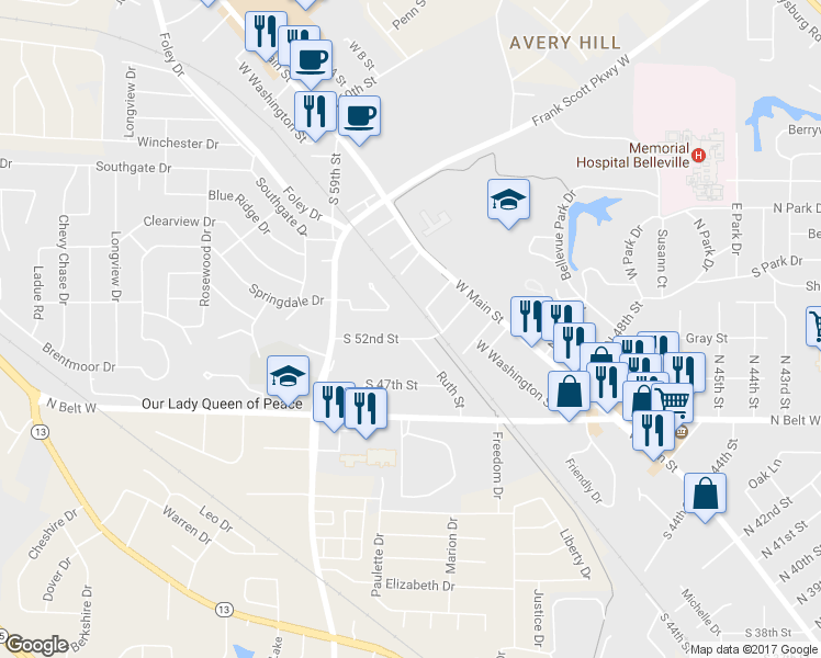map of restaurants, bars, coffee shops, grocery stores, and more near 301 South 52nd Street in Belleville