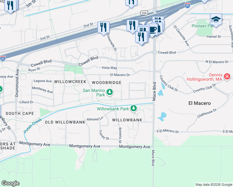 map of restaurants, bars, coffee shops, grocery stores, and more near 925 Eucalyptus Street in Davis