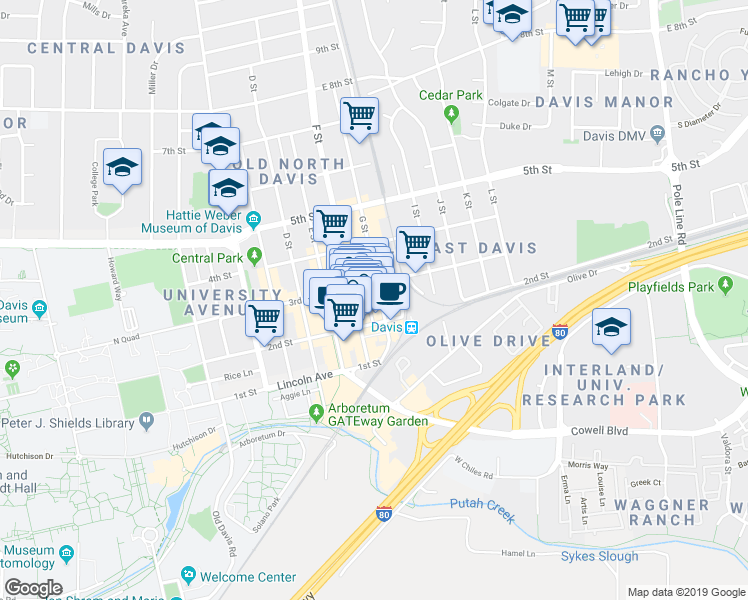 map of restaurants, bars, coffee shops, grocery stores, and more near 212 F Street in Davis
