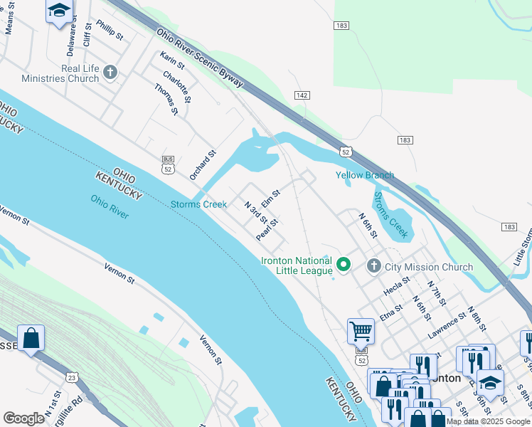 map of restaurants, bars, coffee shops, grocery stores, and more near 1023 North 3rd Street in Ironton