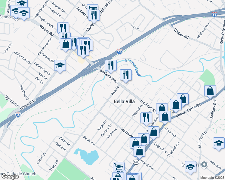 map of restaurants, bars, coffee shops, grocery stores, and more near 723 Avenue H in St. Louis