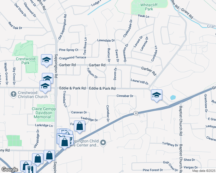 map of restaurants, bars, coffee shops, grocery stores, and more near 9346 Eddie And Park Road in Sappington
