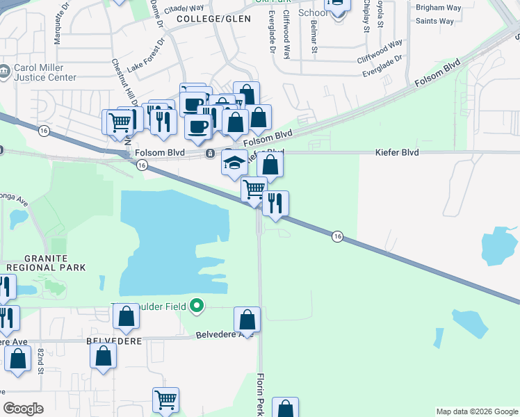 map of restaurants, bars, coffee shops, grocery stores, and more near 8501 Florin Perkins Road in Sacramento