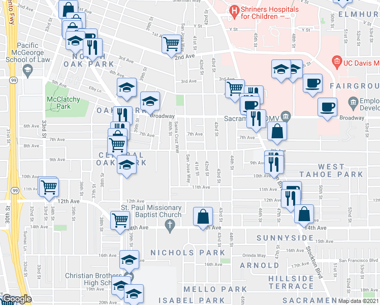 map of restaurants, bars, coffee shops, grocery stores, and more near 3301 San Jose Way in Sacramento