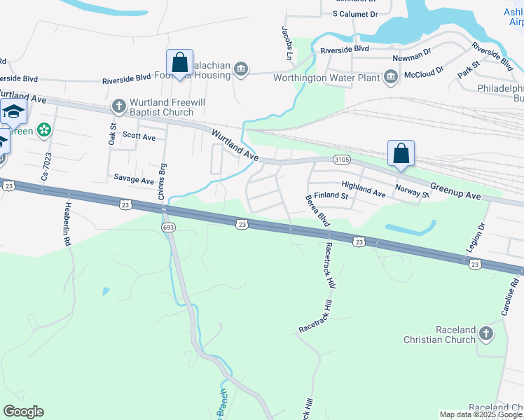 map of restaurants, bars, coffee shops, grocery stores, and more near U.S. 23 in Russell