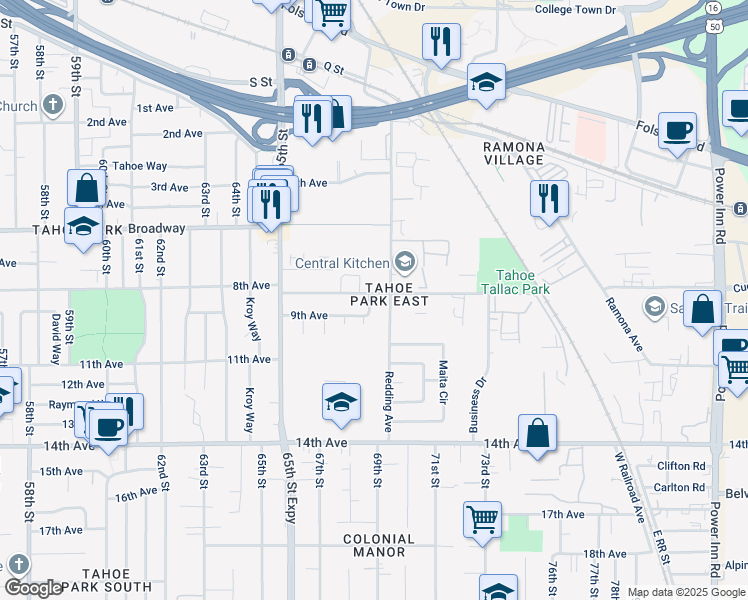 map of restaurants, bars, coffee shops, grocery stores, and more near 3340 Redding Avenue in Sacramento