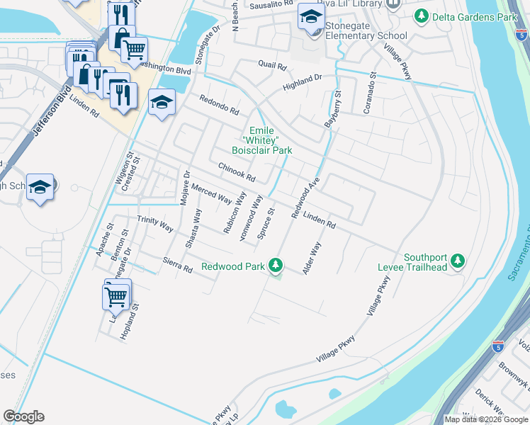 map of restaurants, bars, coffee shops, grocery stores, and more near 2945 Spruce Street in West Sacramento