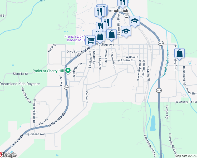 map of restaurants, bars, coffee shops, grocery stores, and more near 8698 West Summit Circle Drive in French Lick