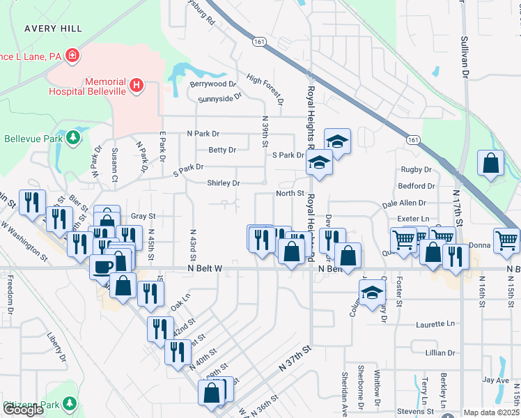 map of restaurants, bars, coffee shops, grocery stores, and more near 543 North 40th Street in Belleville