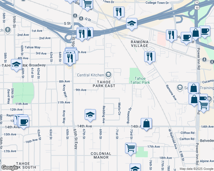 map of restaurants, bars, coffee shops, grocery stores, and more near 3301 Redding Avenue in Sacramento
