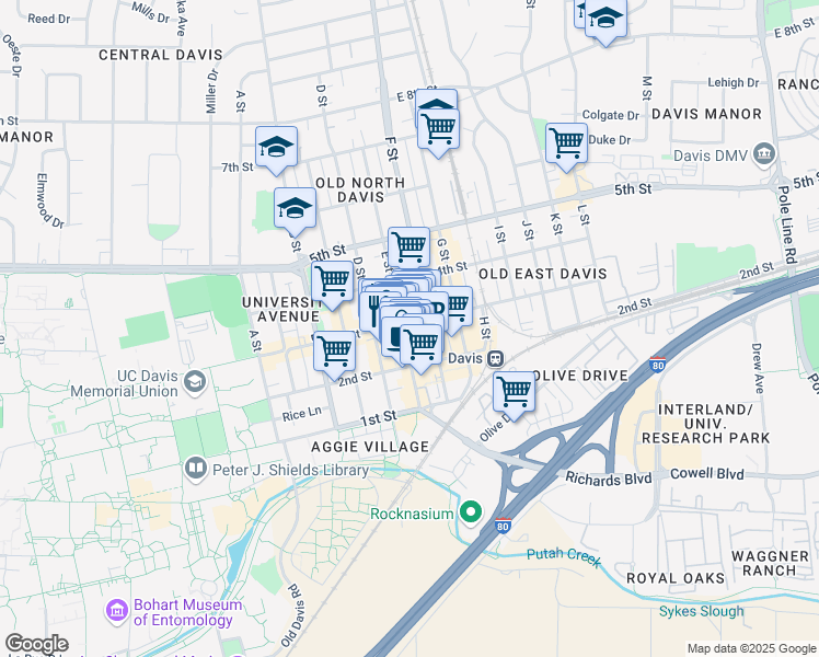map of restaurants, bars, coffee shops, grocery stores, and more near 227 E Street in Davis