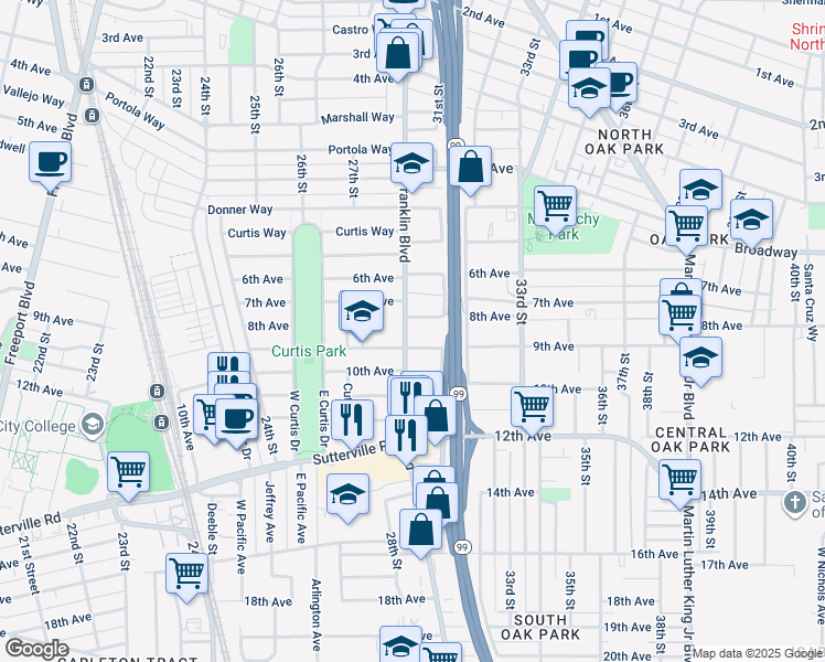 map of restaurants, bars, coffee shops, grocery stores, and more near 2761 9th Avenue in Sacramento
