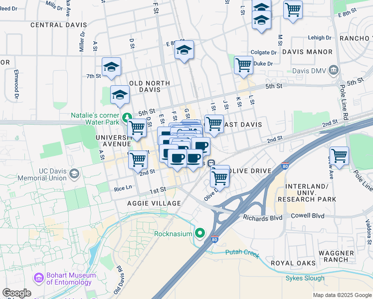 map of restaurants, bars, coffee shops, grocery stores, and more near 212 F Street in Davis