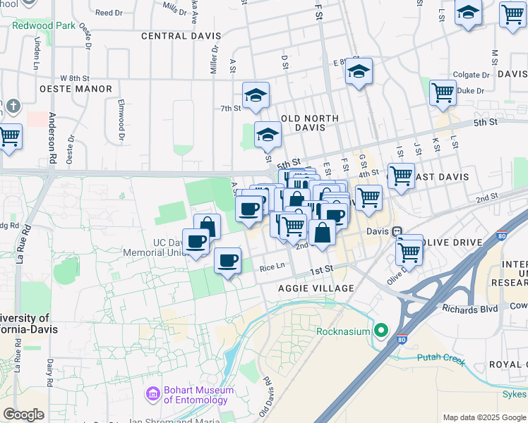 map of restaurants, bars, coffee shops, grocery stores, and more near 231 3rd Street in Davis