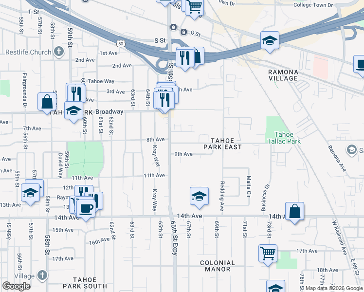 map of restaurants, bars, coffee shops, grocery stores, and more near 6600 San Joaquin Street in Sacramento
