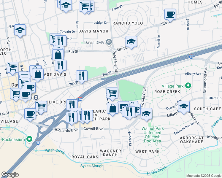 map of restaurants, bars, coffee shops, grocery stores, and more near 1450 Drew Avenue in Davis