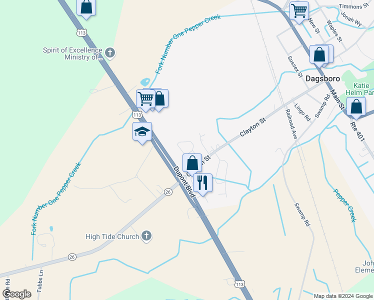 map of restaurants, bars, coffee shops, grocery stores, and more near 901 Cea Dag Circle in Dagsboro